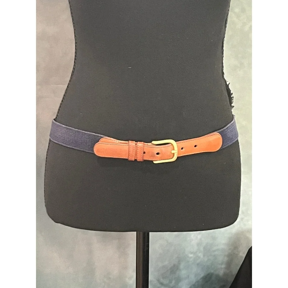Coach Mens Navy Blue Webbed Woven Leather Trim Brass Buckle Belt 3811 Size 34